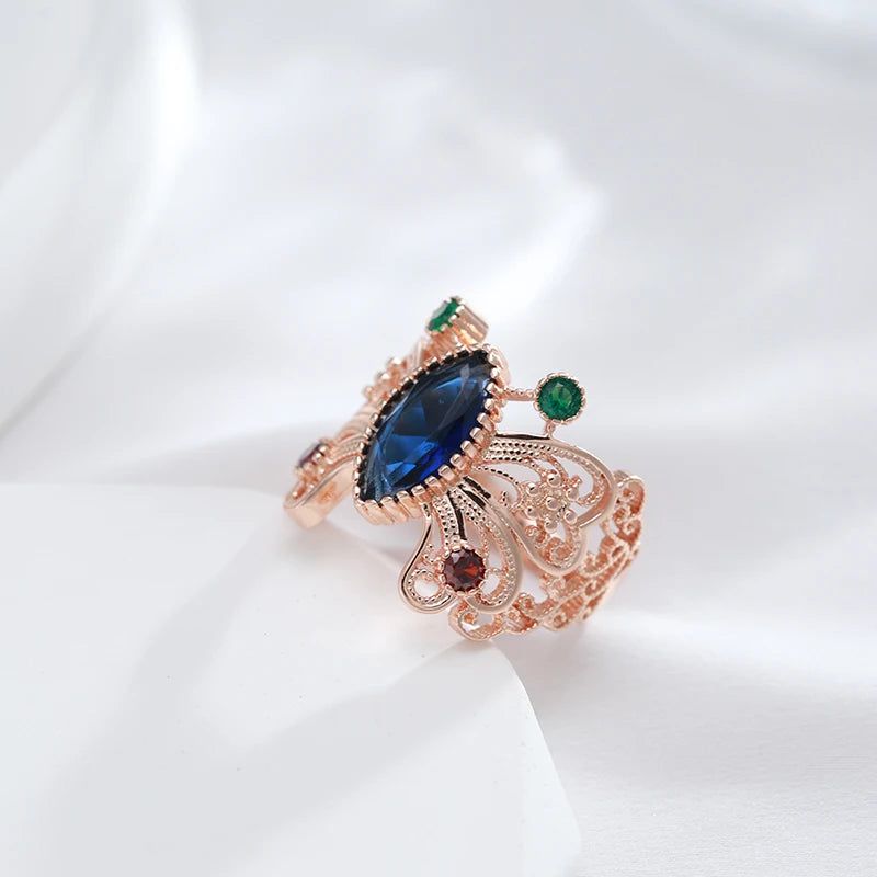 Vintage-Inspired Hot Butterfly Ring in 585 Rose Gold with Blue Natural Zircon Crystals