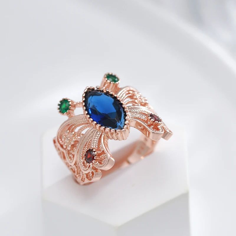 Vintage-Inspired Hot Butterfly Ring in 585 Rose Gold with Blue Natural Zircon Crystals