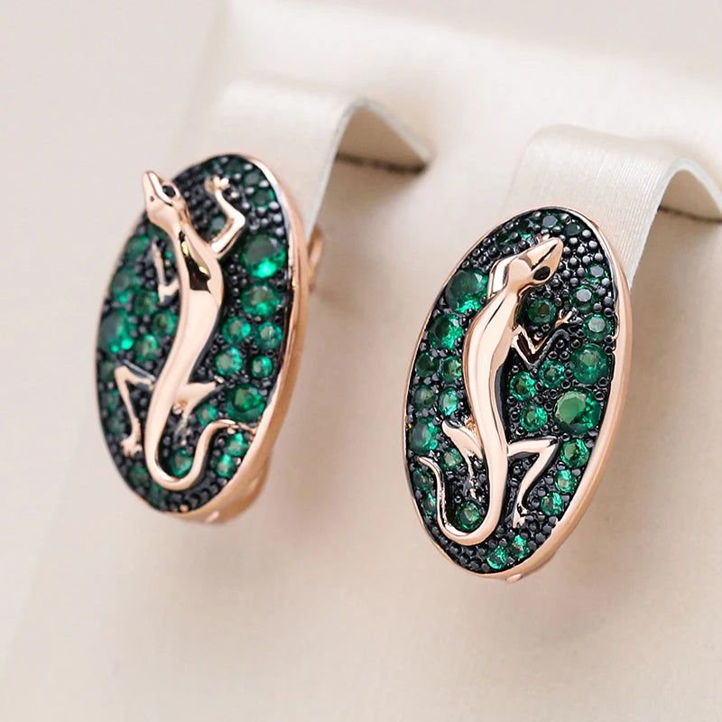 Vintage-Inspired Hot Green Zircon Lizard Drop Earrings in 585 Rose Gold and Black Plating