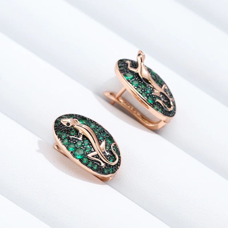 Vintage-Inspired Hot Green Zircon Lizard Drop Earrings in 585 Rose Gold and Black Plating