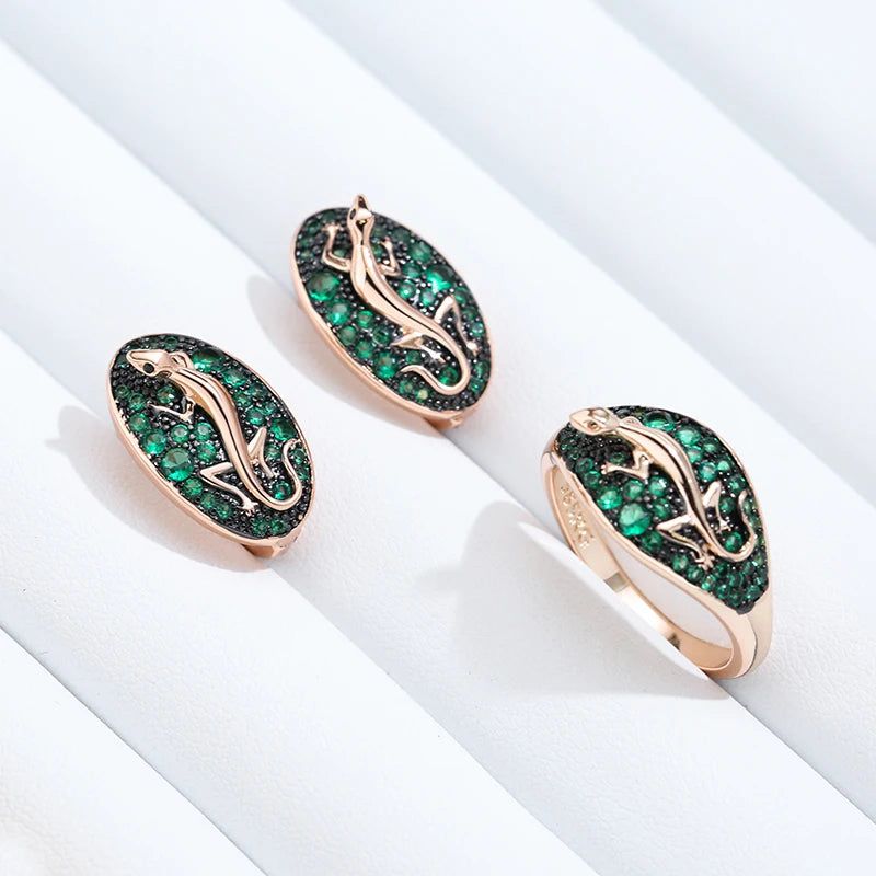 Vintage-Inspired Hot Green Zircon Lizard Drop Earrings in 585 Rose Gold and Black Plating