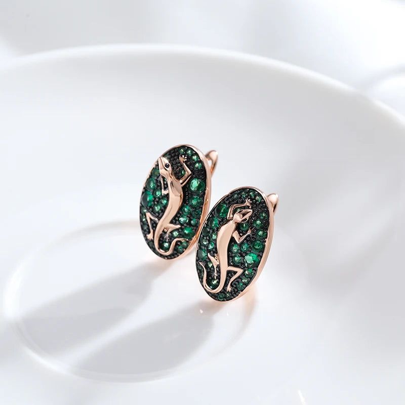 Vintage-Inspired Hot Green Zircon Lizard Drop Earrings in 585 Rose Gold and Black Plating