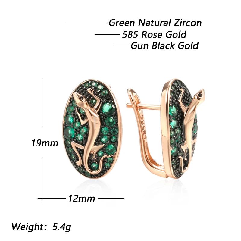 Vintage-Inspired Hot Green Zircon Lizard Drop Earrings in 585 Rose Gold and Black Plating