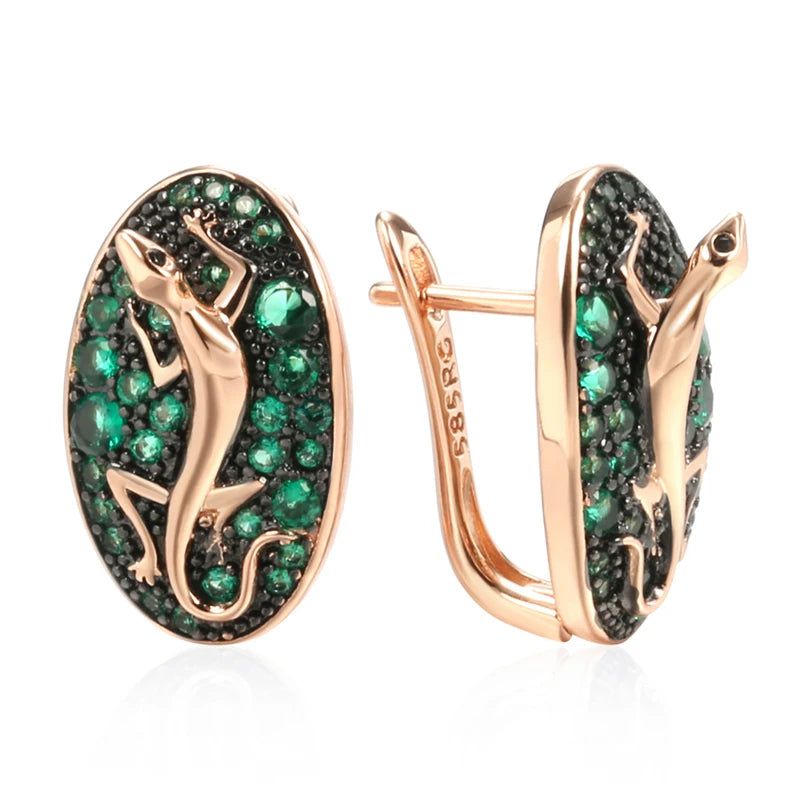 Vintage-Inspired Hot Green Zircon Lizard Drop Earrings in 585 Rose Gold and Black Plating