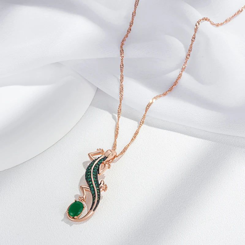 Vintage-Inspired Hot Green Zircon Lizard Pendant Necklace in 585 Rose Gold and Black Plating