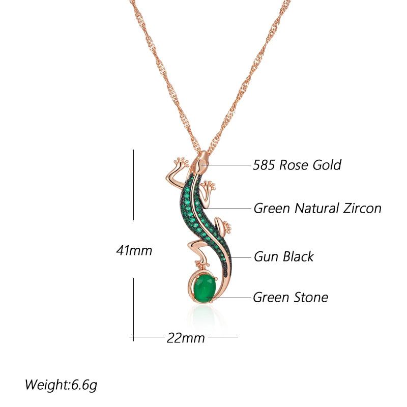 Vintage-Inspired Hot Green Zircon Lizard Pendant Necklace in 585 Rose Gold and Black Plating