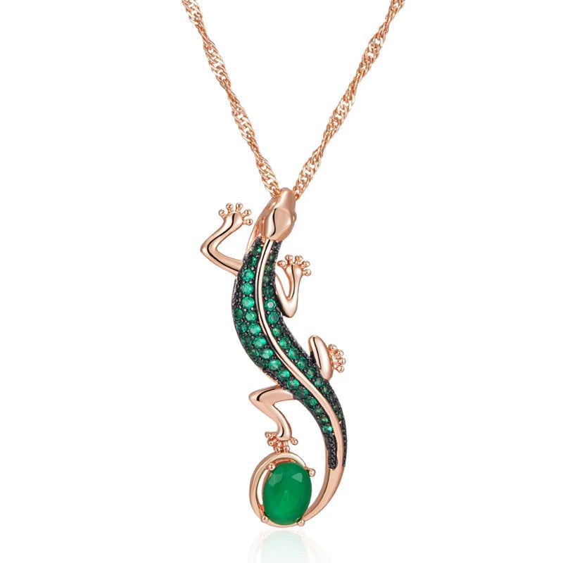 Vintage-Inspired Hot Green Zircon Lizard Pendant Necklace in 585 Rose Gold and Black Plating