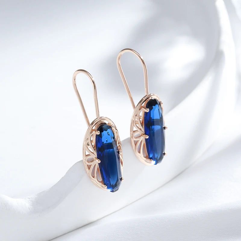 Vintage-Inspired Long Drop Earrings in 585 Rose Gold with Blue Natural Zircon