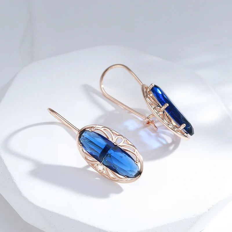 Vintage-Inspired Long Drop Earrings in 585 Rose Gold with Blue Natural Zircon