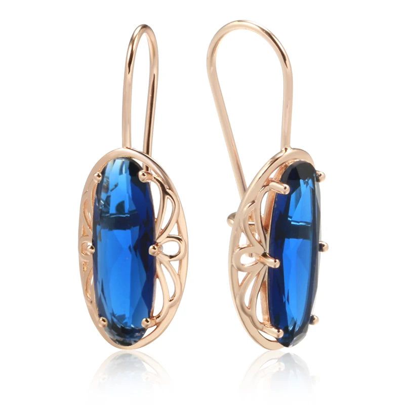 Vintage-Inspired Long Drop Earrings in 585 Rose Gold with Blue Natural Zircon