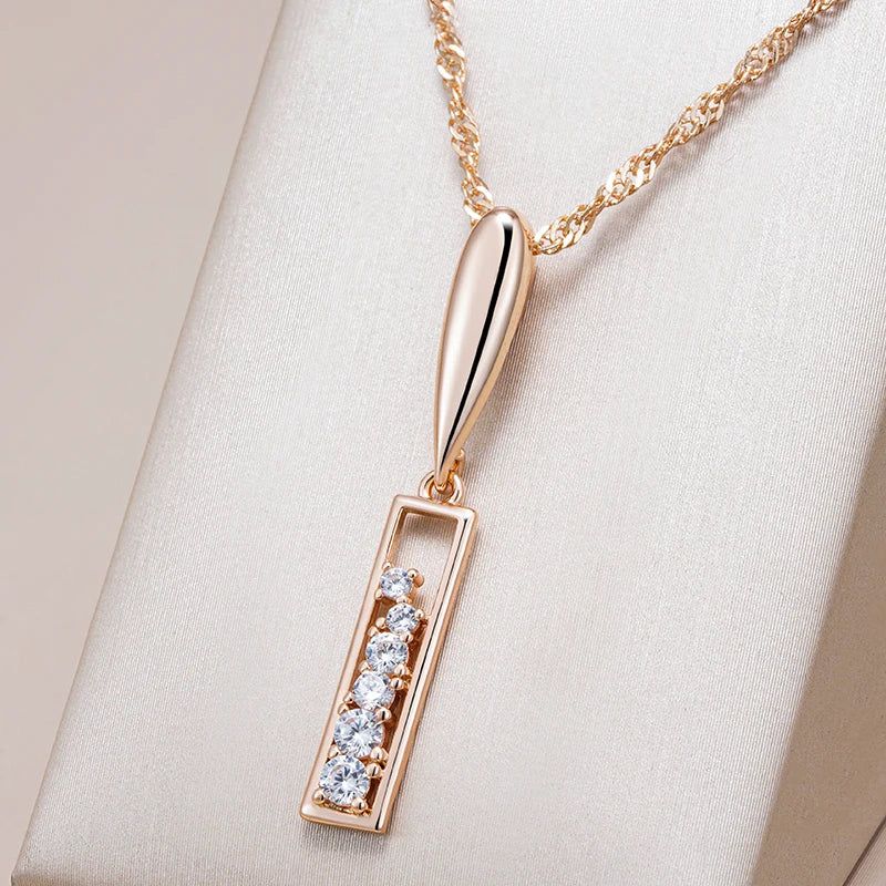 Vintage-Inspired Long Pendant Necklace in 585 Rose Gold with Natural Zircon Accents - New Fashion Statement