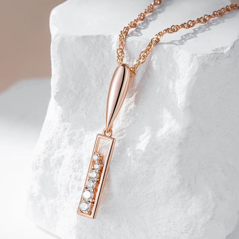 Vintage-Inspired Long Pendant Necklace in 585 Rose Gold with Natural Zircon Accents - New Fashion Statement