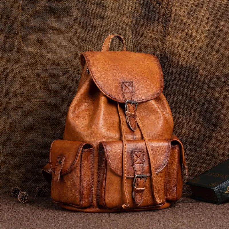 Vintage-Inspired Men's Genuine Leather Travel Backpack - Large Capacity Cowhide Laptop Bag