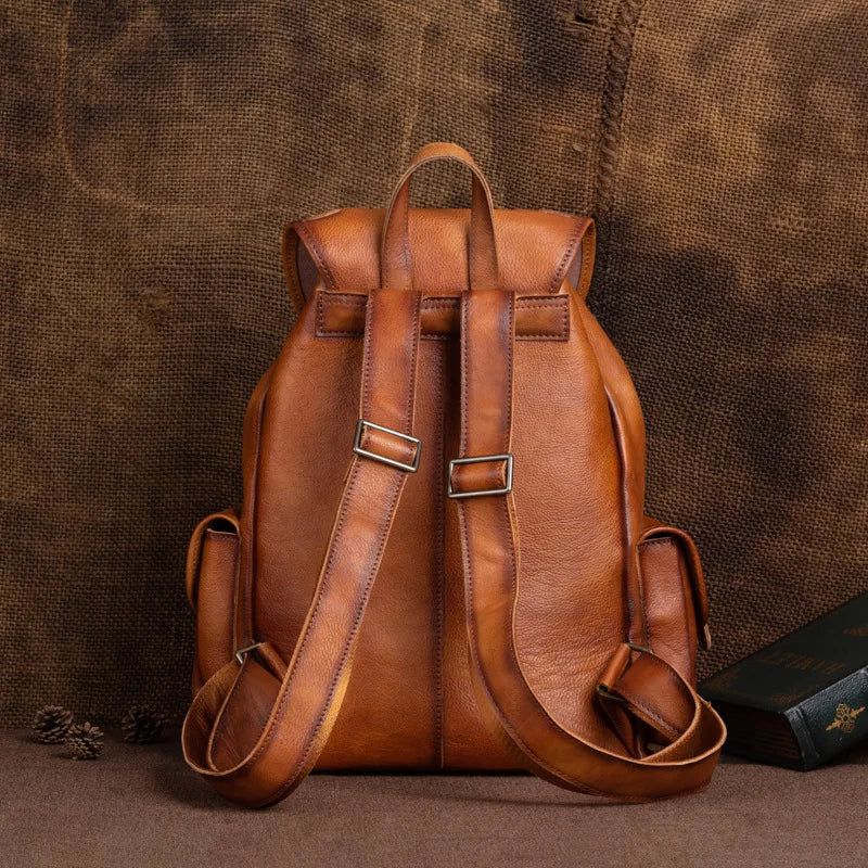 Vintage-Inspired Men's Genuine Leather Travel Backpack - Large Capacity Cowhide Laptop Bag