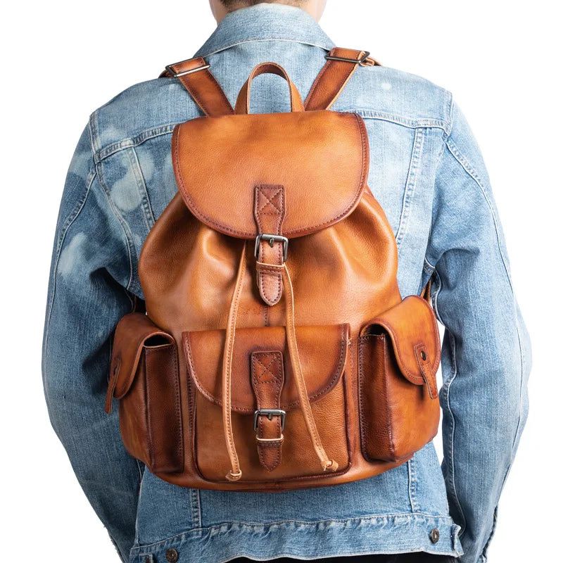 Vintage-Inspired Men's Genuine Leather Travel Backpack - Large Capacity Cowhide Laptop Bag