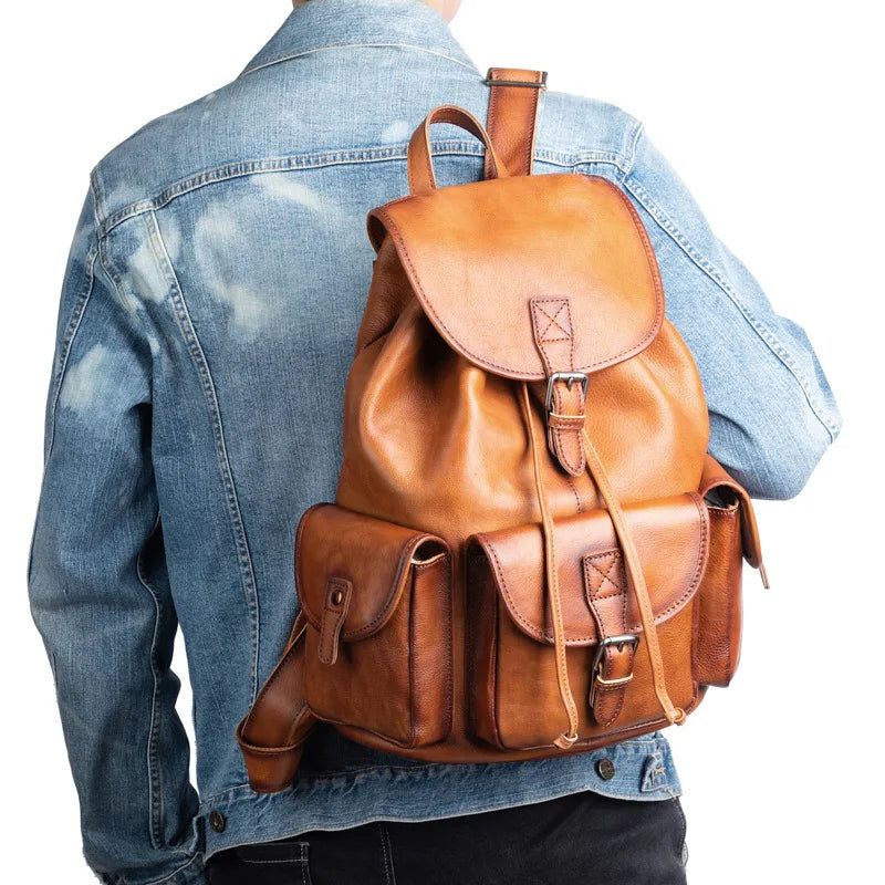 Vintage-Inspired Men's Genuine Leather Travel Backpack - Large Capacity Cowhide Laptop Bag