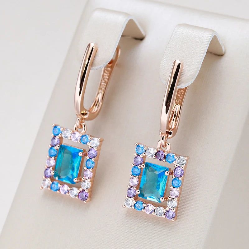 Vintage-Inspired New 585 Rose Gold Square Drop Earrings with Blue Natural Zircon – Elegant High-Quality Jewelry