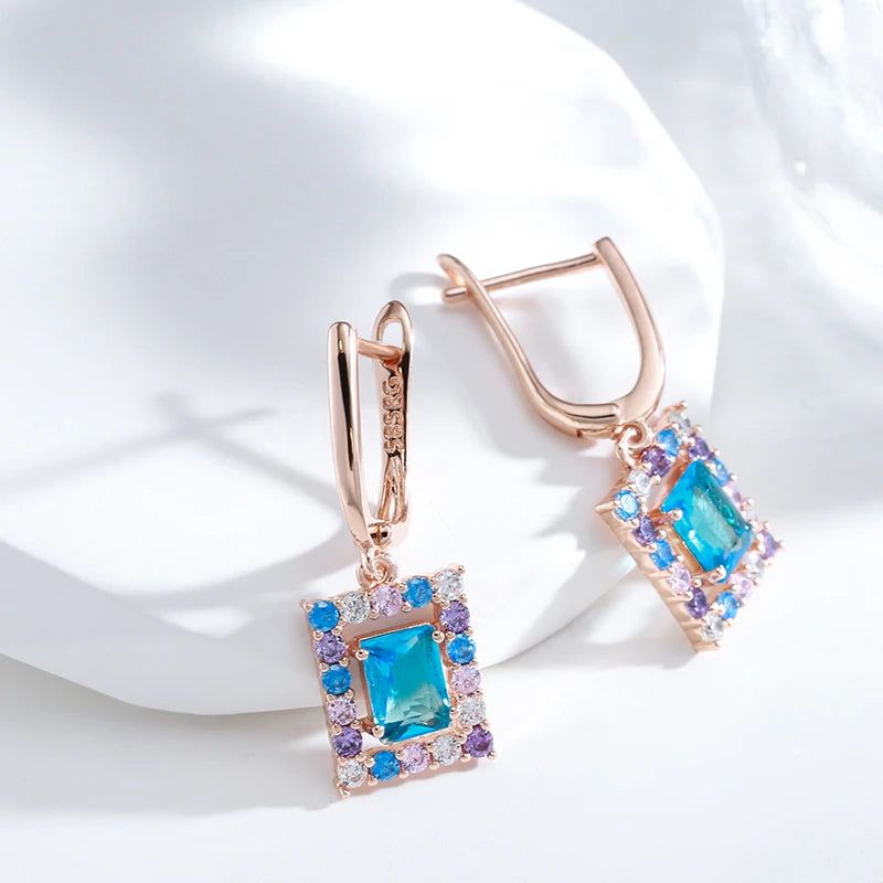 Vintage-Inspired New 585 Rose Gold Square Drop Earrings with Blue Natural Zircon – Elegant High-Quality Jewelry