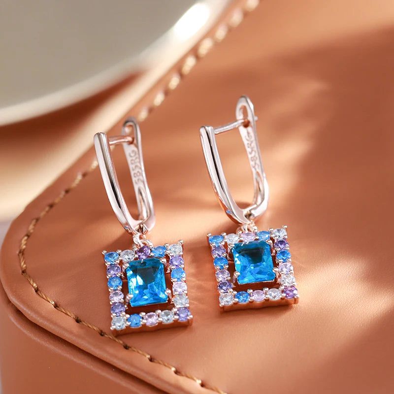 Vintage-Inspired New 585 Rose Gold Square Drop Earrings with Blue Natural Zircon – Elegant High-Quality Jewelry