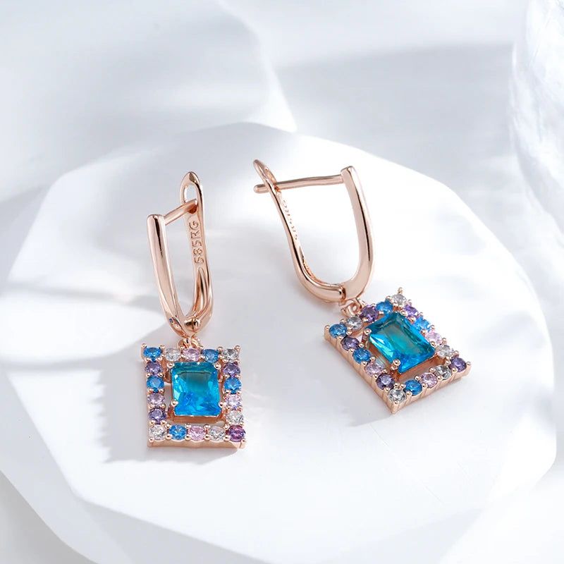 Vintage-Inspired New 585 Rose Gold Square Drop Earrings with Blue Natural Zircon – Elegant High-Quality Jewelry