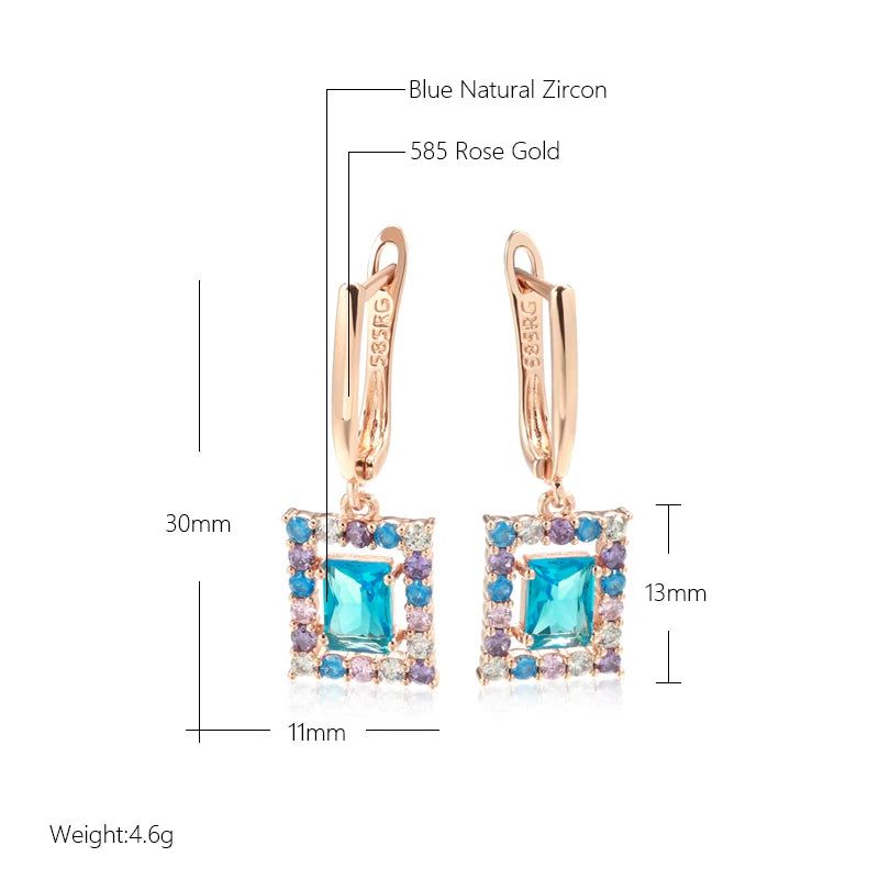 Vintage-Inspired New 585 Rose Gold Square Drop Earrings with Blue Natural Zircon – Elegant High-Quality Jewelry