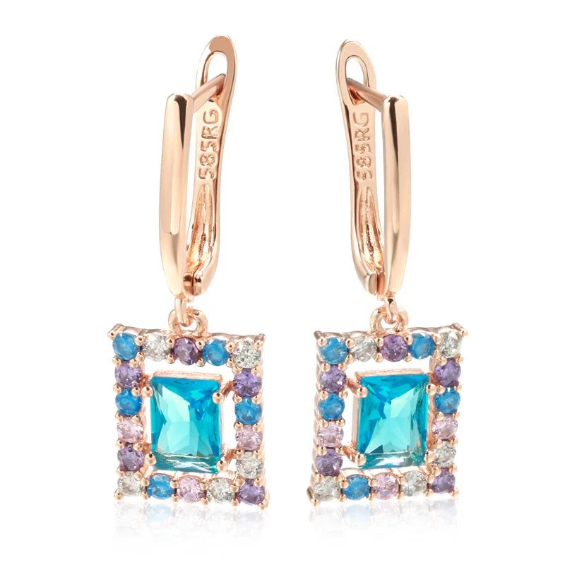 Vintage-Inspired New 585 Rose Gold Square Drop Earrings with Blue Natural Zircon – Elegant High-Quality Jewelry