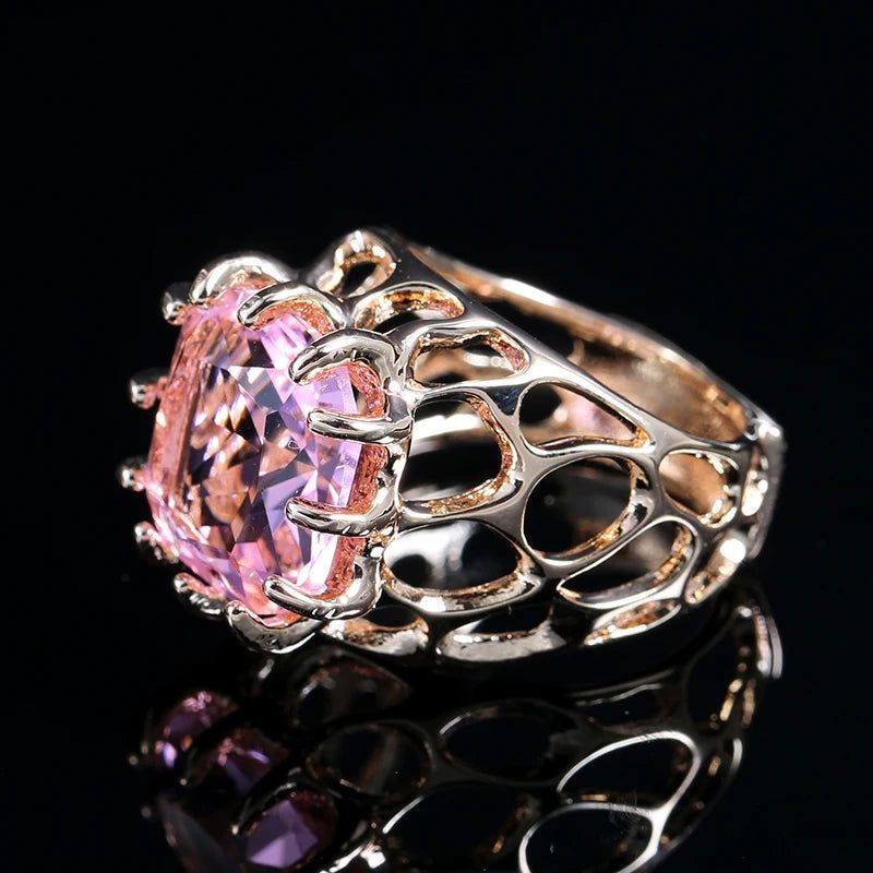 Vintage-Inspired Pink Square CZ Zircon Cocktail Ring in 585 Gold