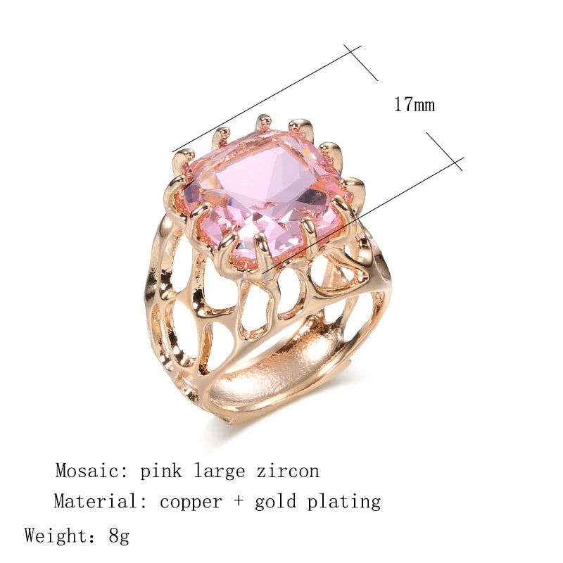 Vintage-Inspired Pink Square CZ Zircon Cocktail Ring in 585 Gold