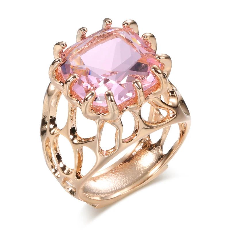 Vintage-Inspired Pink Square CZ Zircon Cocktail Ring in 585 Gold