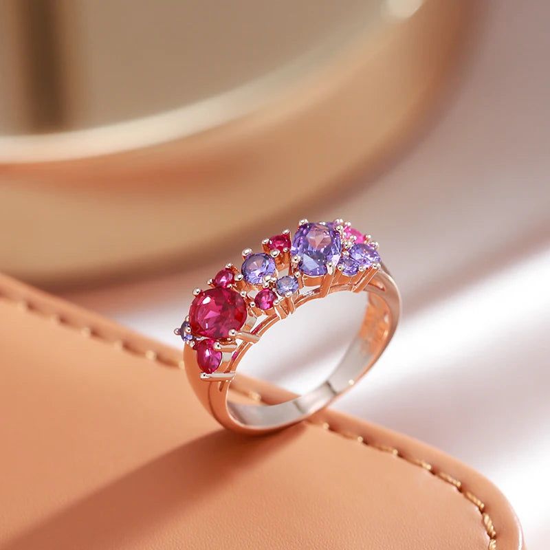 Vintage-Inspired Purple Natural Zircon Cocktail Ring in 585 Rose Gold Plating