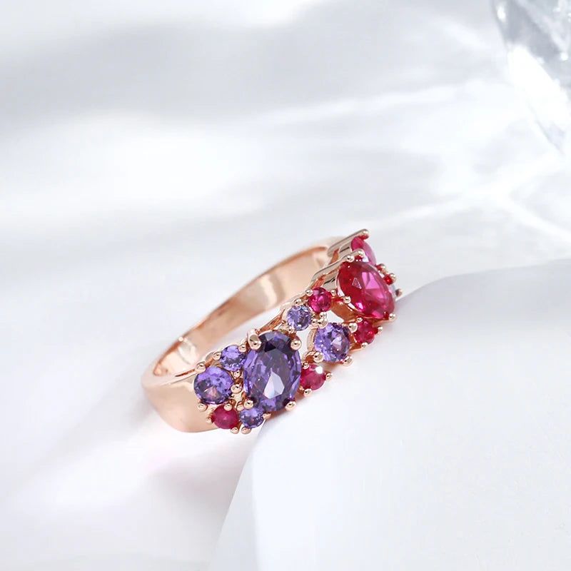 Vintage-Inspired Purple Natural Zircon Cocktail Ring in 585 Rose Gold Plating