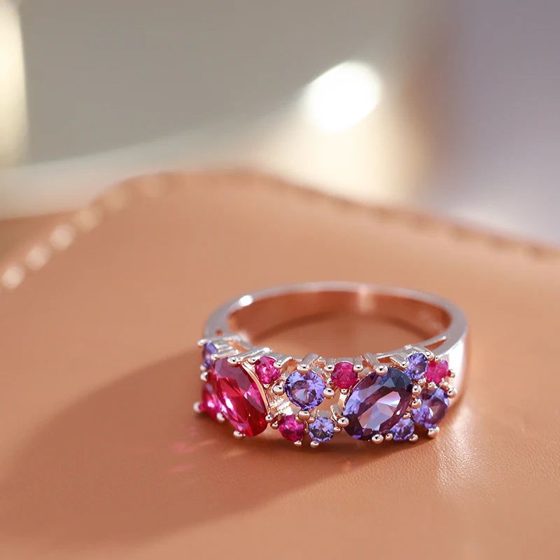 Vintage-Inspired Purple Natural Zircon Cocktail Ring in 585 Rose Gold Plating