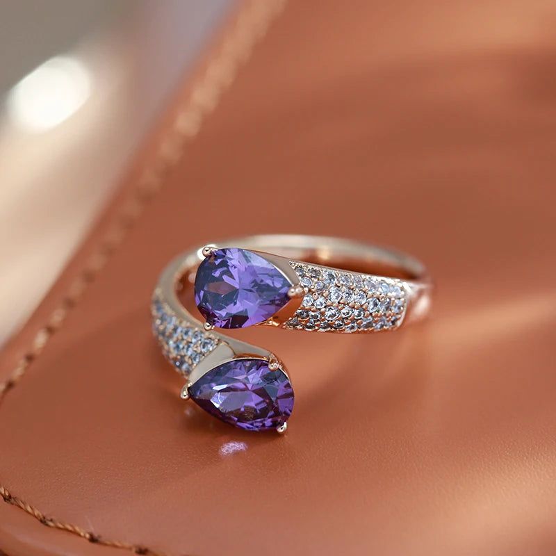 Vintage-Inspired Purple Zircon Open Ring in 585 Rose Gold Finish