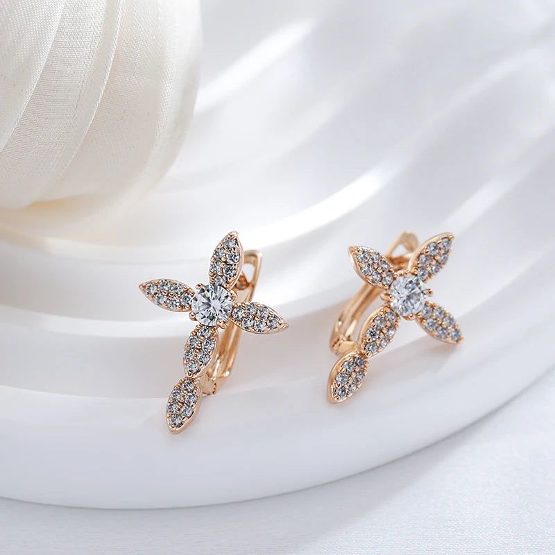 Vintage-Inspired Rose Gold Cross Dangle Earrings with Natural Zircon Accents