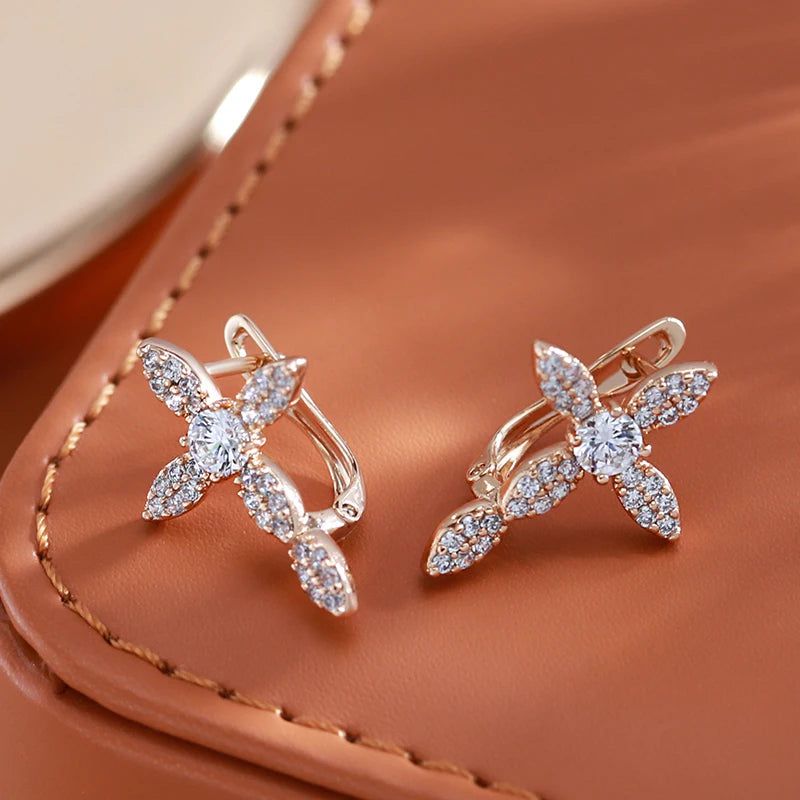 Vintage-Inspired Rose Gold Cross Dangle Earrings with Natural Zircon Accents