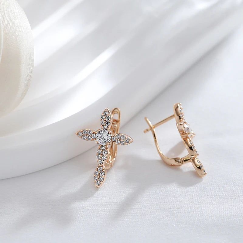 Vintage-Inspired Rose Gold Cross Dangle Earrings with Natural Zircon Accents