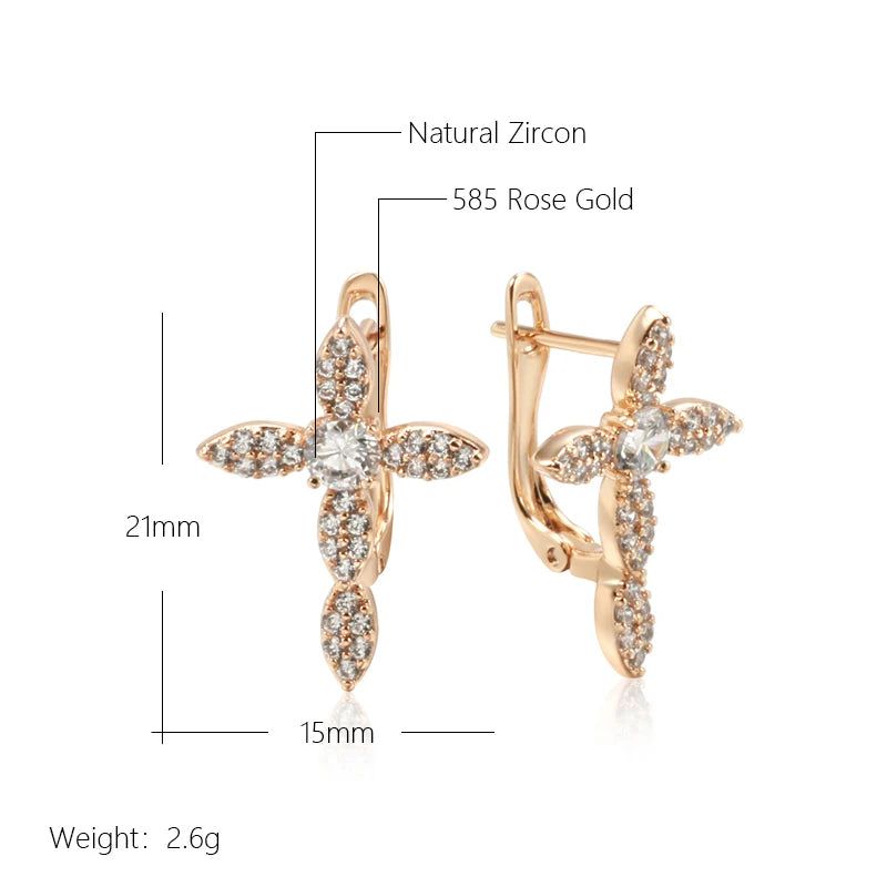 Vintage-Inspired Rose Gold Cross Dangle Earrings with Natural Zircon Accents