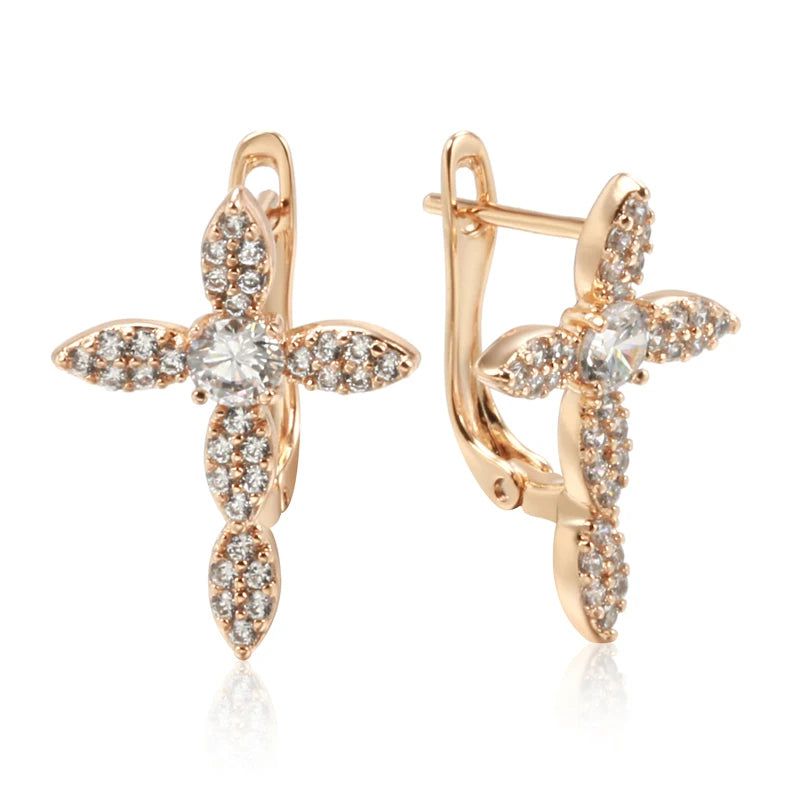 Vintage-Inspired Rose Gold Cross Dangle Earrings with Natural Zircon Accents