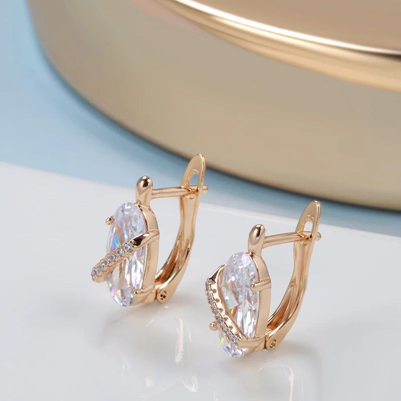 Vintage-Inspired Rose Gold Drop Earrings with Natural Zircon in Big Oval Design