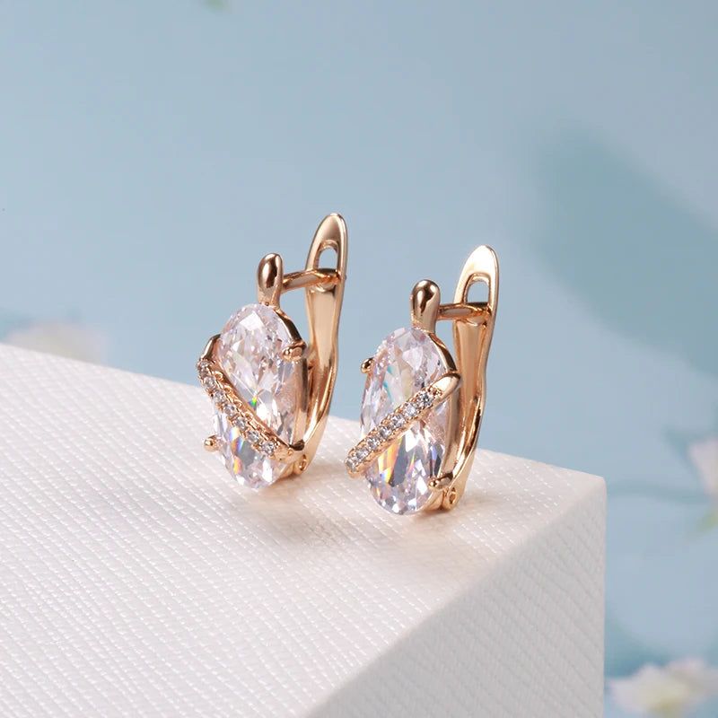 Vintage-Inspired Rose Gold Drop Earrings with Natural Zircon in Big Oval Design