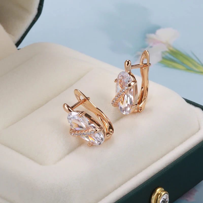 Vintage-Inspired Rose Gold Drop Earrings with Natural Zircon in Big Oval Design