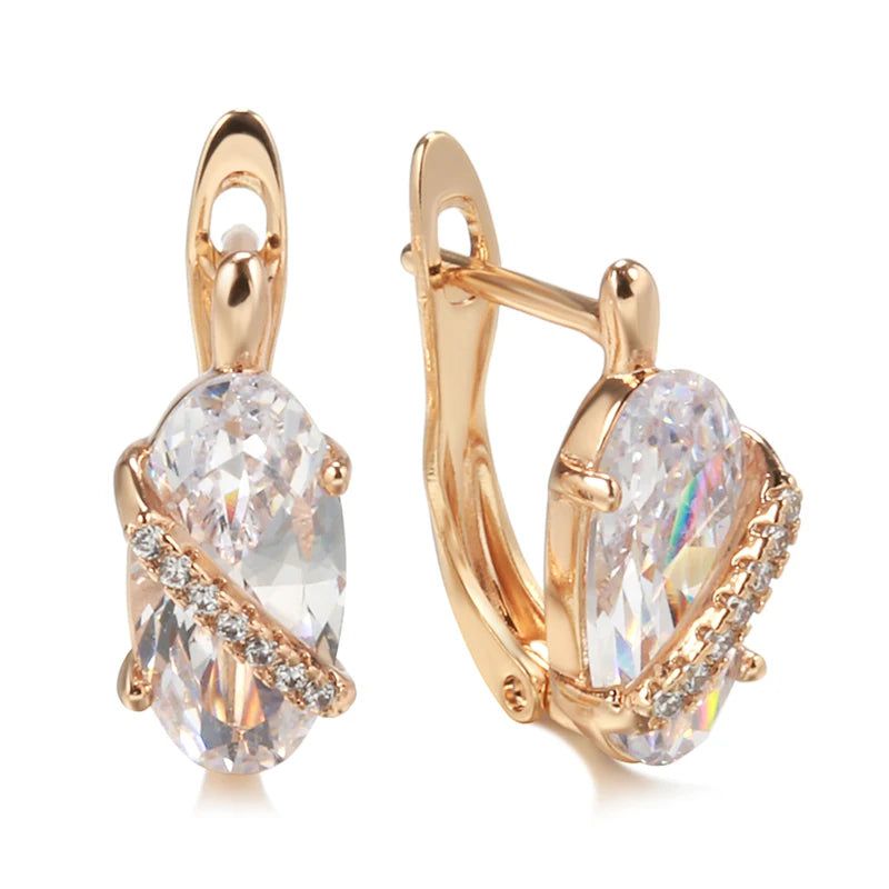 Vintage-Inspired Rose Gold Drop Earrings with Natural Zircon in Big Oval Design