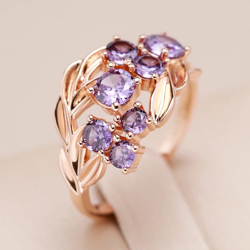 Vintage-Inspired Shiny Purple Zircon Cocktail Ring in 585 Rose Gold Finish