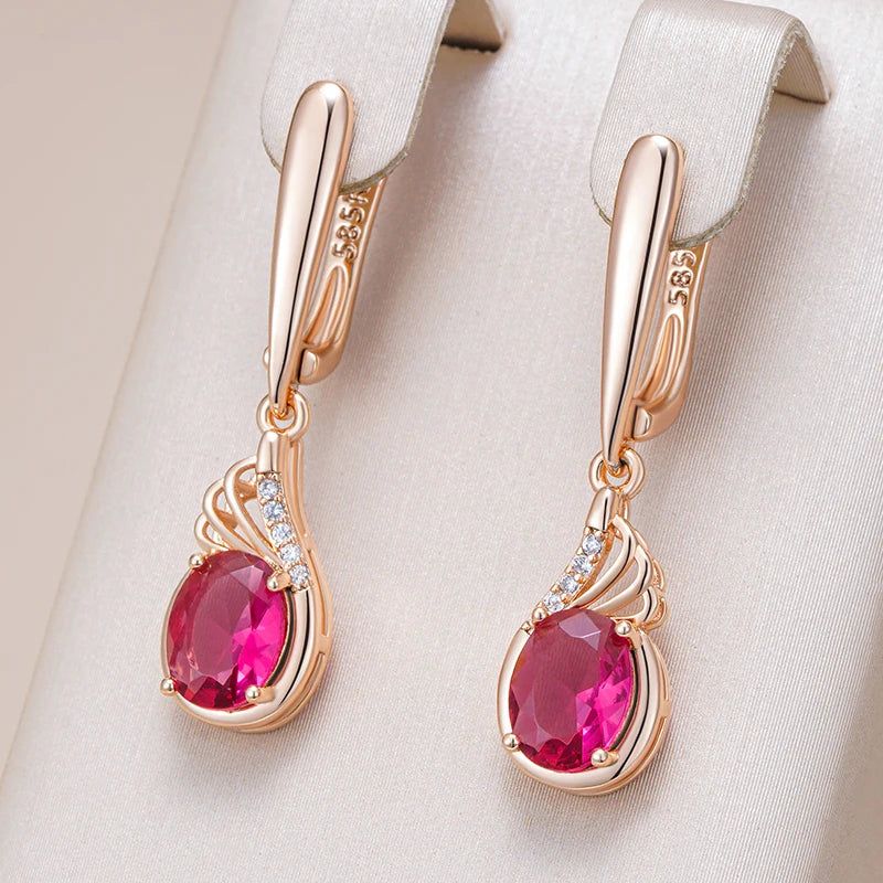 Vintage-Inspired Shiny Red Oval Natural Zircon Drop Earrings in 585 Rose Gold Finish