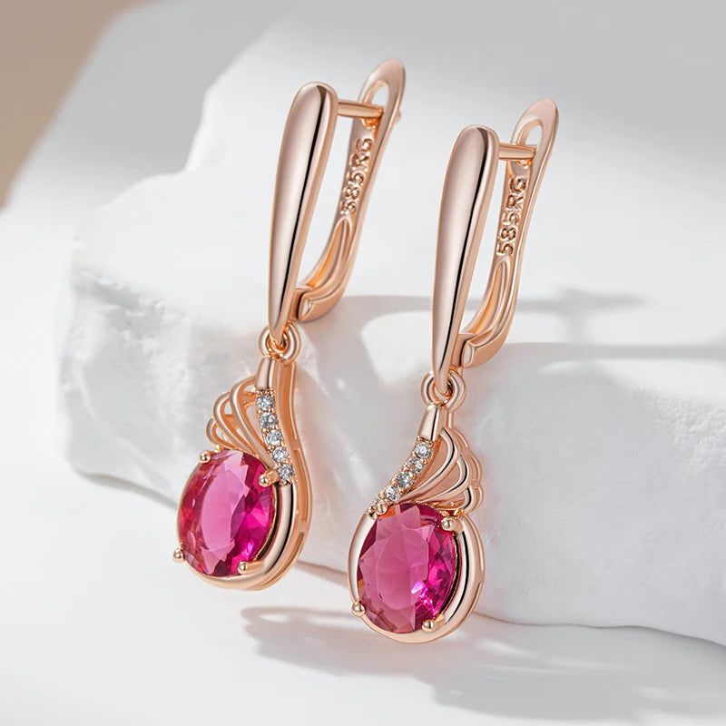 Vintage-Inspired Shiny Red Oval Natural Zircon Drop Earrings in 585 Rose Gold Finish