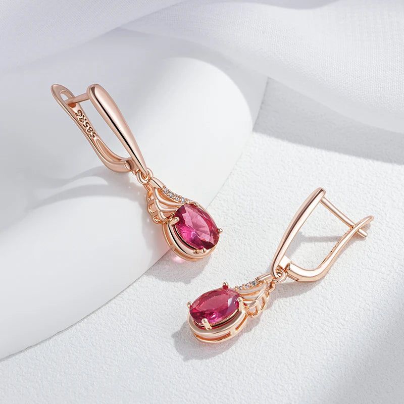 Vintage-Inspired Shiny Red Oval Natural Zircon Drop Earrings in 585 Rose Gold Finish