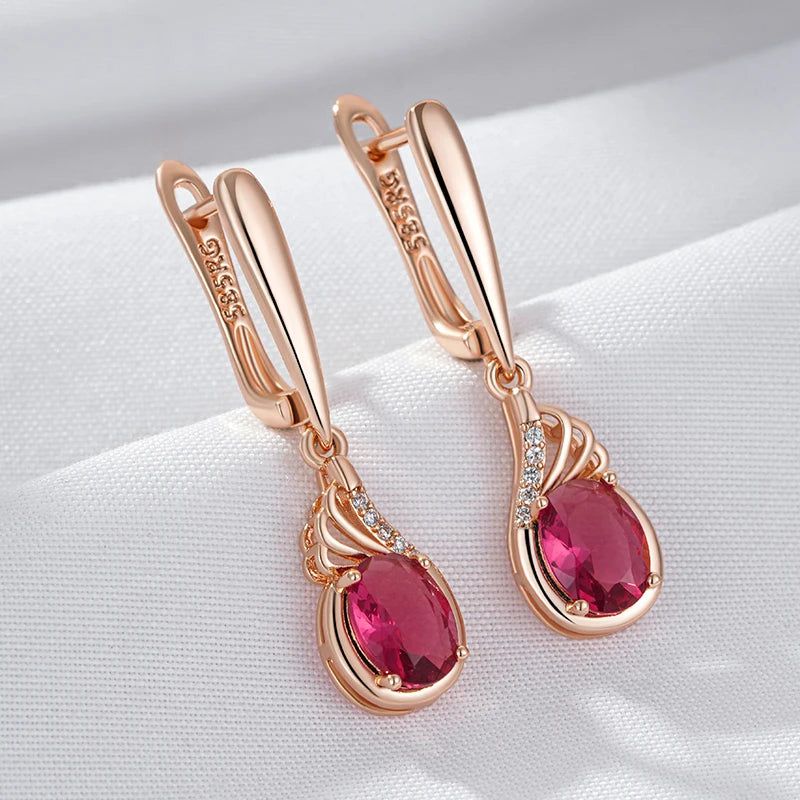 Vintage-Inspired Shiny Red Oval Natural Zircon Drop Earrings in 585 Rose Gold Finish