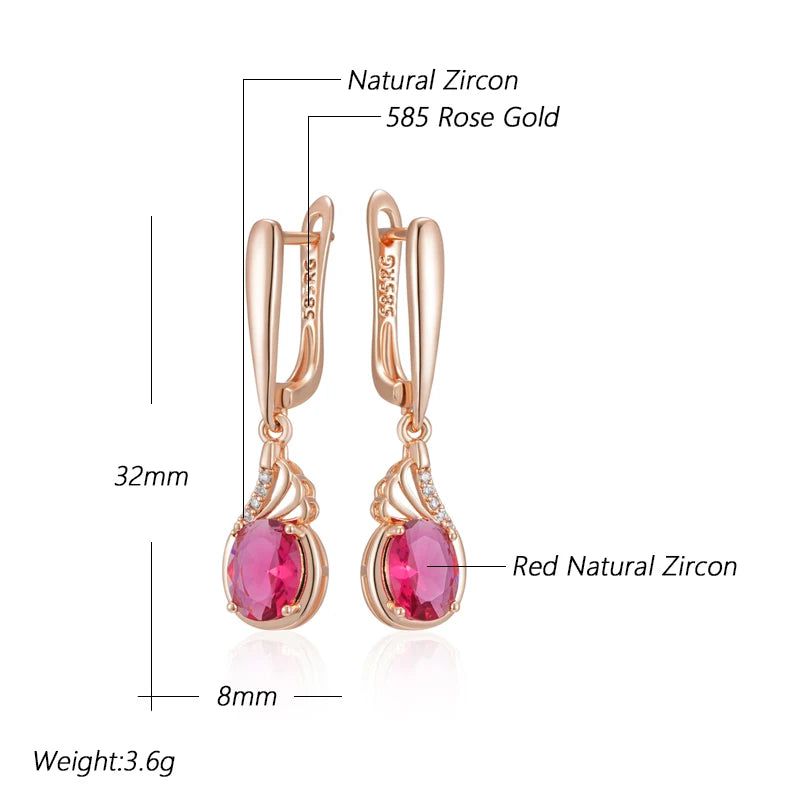 Vintage-Inspired Shiny Red Oval Natural Zircon Drop Earrings in 585 Rose Gold Finish