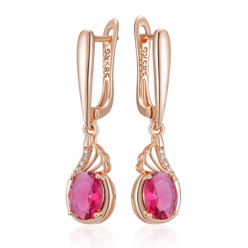 Vintage-Inspired Shiny Red Oval Natural Zircon Drop Earrings in 585 Rose Gold Finish