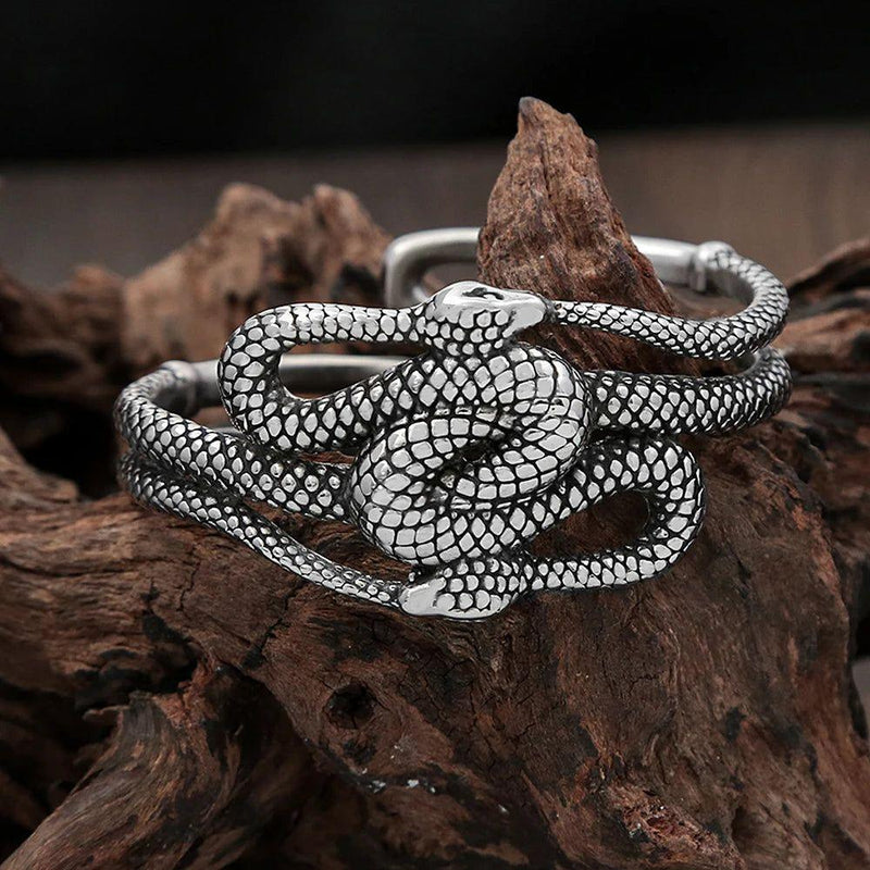 Vintage-Inspired Stainless Steel Double Snake Cuff Bracelet for Men - Punk Animal Design Jewelry Gift